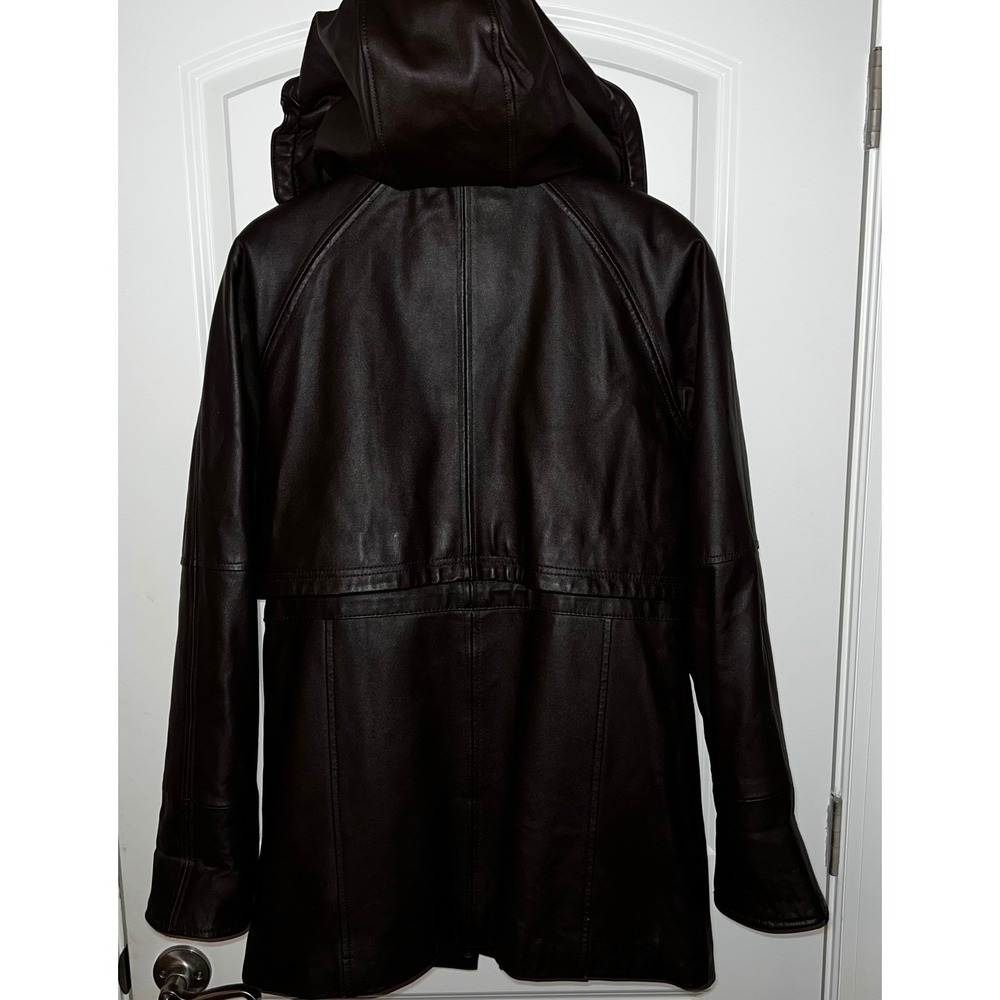 EXCELLED Women's Brown Leather Hooded Jacket Size S‎ Midlength Insulated